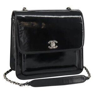 CHANEL Flap Chain Shoulder Bag Patent leather Black Silver CC Auth bs30494